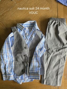 Nautica Boys Blue Plaid Shirt with Gray Vest & Pants Matching Set